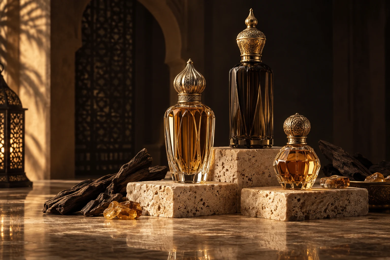 Composición artística de perfumería árabe con frascos de cristal, ámbar y madera de oud